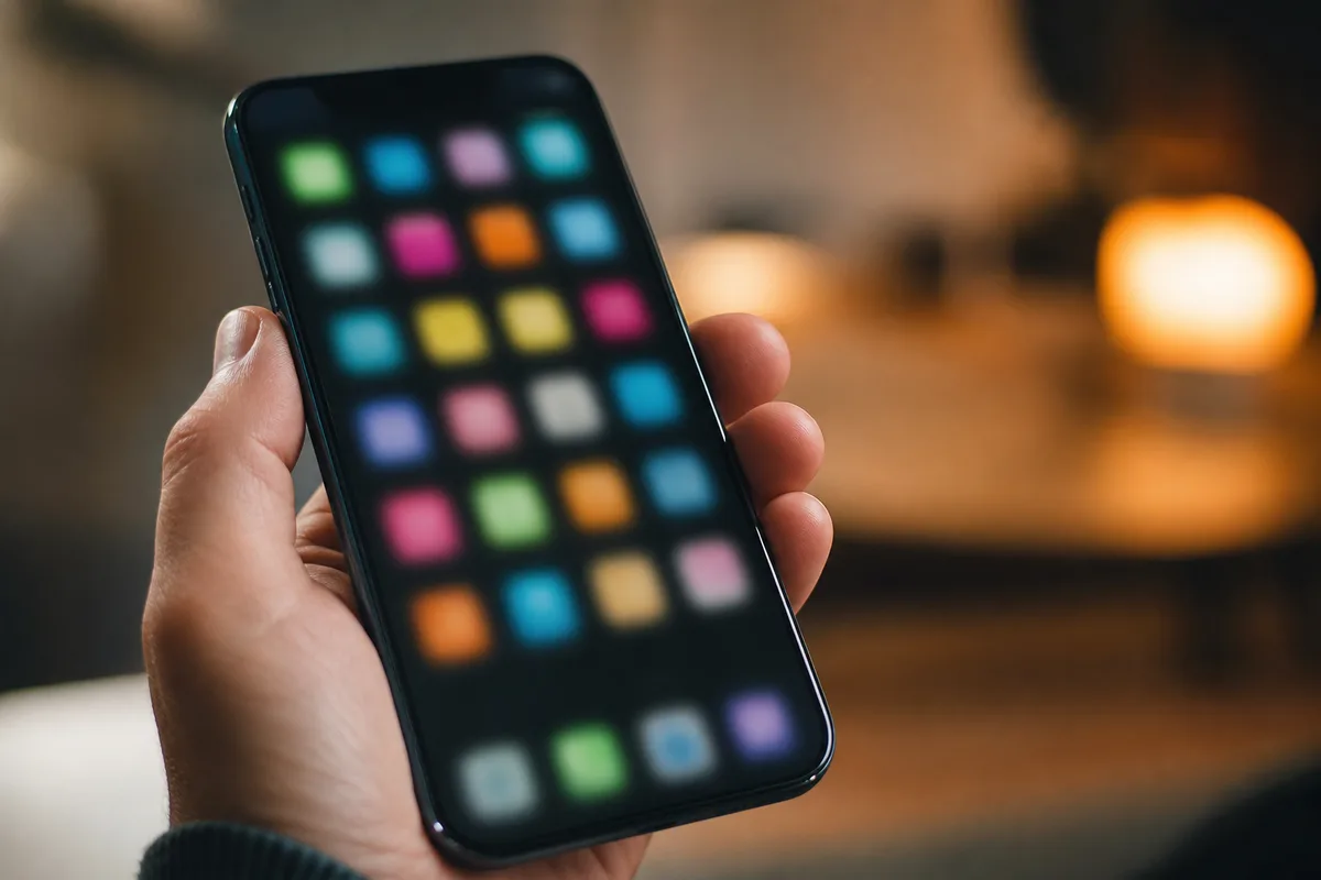 Écran de smartphone flou affichant une grille d&rsquo;icônes d&rsquo;applications classées par catégories