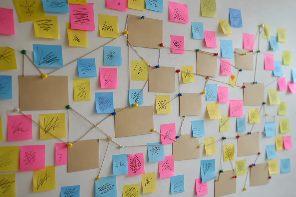 Mur d&rsquo;atelier couvert de pense-bêtes colorés et de fiches cartonnées reliées par un fil tendu