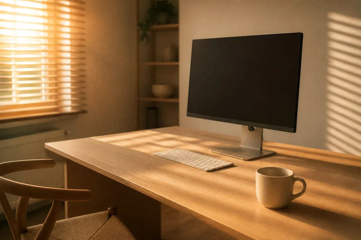 Coin de bureau en lumière rasante du matin dans une petite entreprise