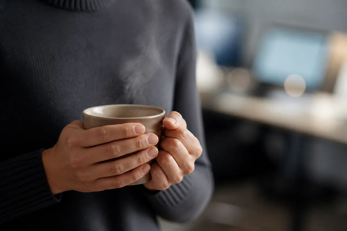 Mains tenant une tasse devant un poste de travail flou