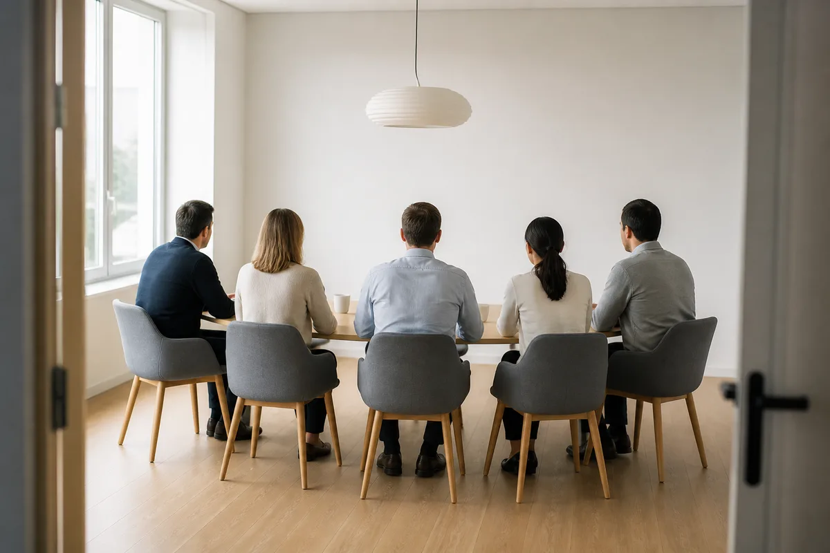 Petite équipe de dos autour d’une table de réunion en plan large